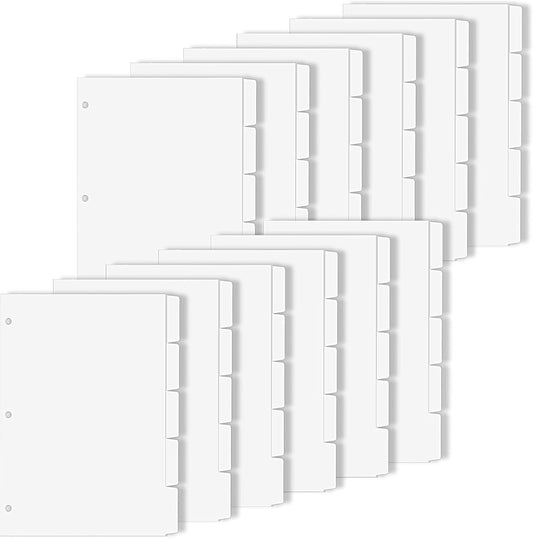 Binder Dividers for 3 Ring Binder, 1/5 Cut Tabs, Letter Size, Blank Write On Page Dividers with 5 Big Tabs for School Office Home, 12 Sets, 60 Dividers, White
