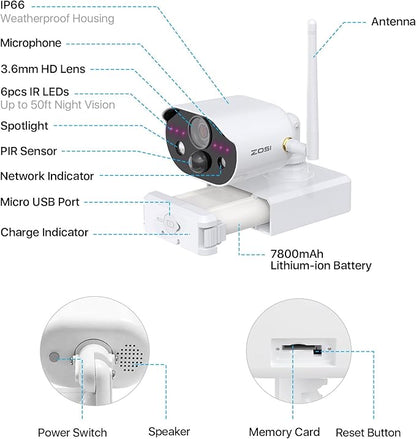 ZOSI 2 x C306 Pro 3MP 2K Wireless Solar Security Camera Outdoor - Battery/Solar Powered, Color Night Vision, PIR Motion Detection, Spotlight Alarm,Cloud/Memory Card Storage (No Memory Card Included)