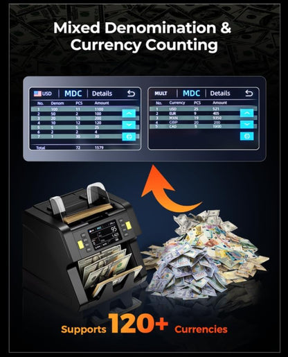 MUNBYN IMC21 Money Counter Machine Mixed Denomination, CIS/UV/IR/MG/MT Counterfeit Detection, Touch Screen, USD, MXN, LBP, CAD Cash Counter for Business, Printer Compatible Bill Counter, 2Y Protect