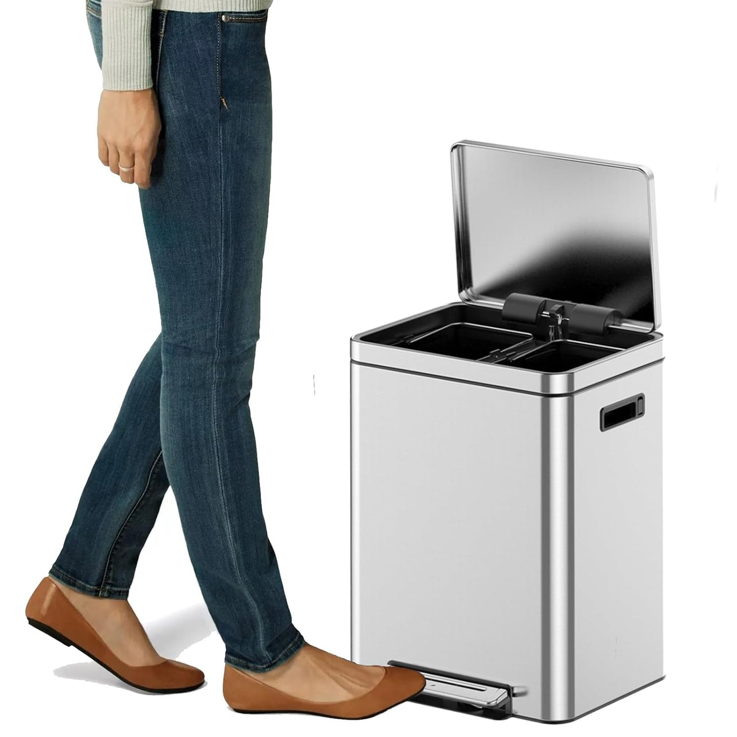 Kitchen Trash Can, 2 x 5.28 Gal (2 x 20L) Dual Trash Can with Recycle Bin, Stainless Steel Garbage Can, Fingerprint-Resistant Soft-Close Dual Recycling Bins for Kitchen