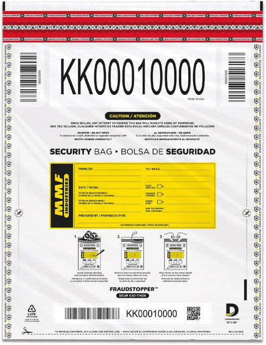 MMF Industries Cash Transmittal Bags | 12W x 16H | Pack of 100 | Unique Alphanumeric Numbering | Self-Sealing Adhesive | Four Tamper Indicators | Folded Bottom | Deposit Plastic Bags