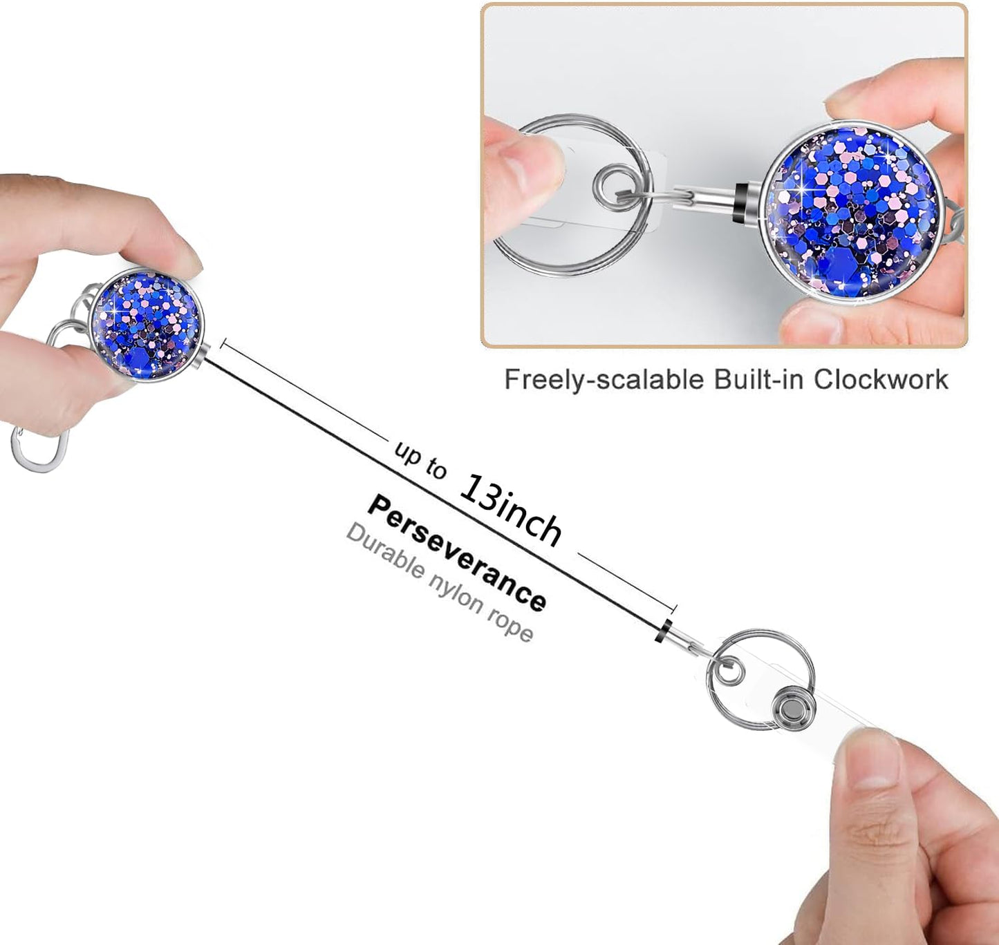 bolimoss 3 Pack Retractable Badge Reels with Key Ring and Carabiner Belt Clip, Glittery Metal Retractable Keychain for ID Cards Name Holder Nurse, Teacher, Students (Bling Blue, Silver, Purple)