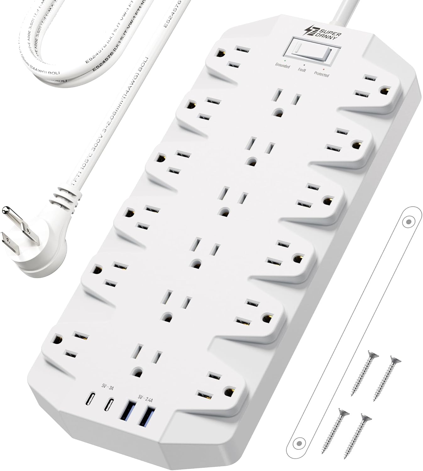 Power Strip Surge Protector, SUPERDANNY 18 Outlets with 2 USB C + 2 USB A Ports, 1875W/15A, 2100J, 6.5FT Flat Plug Heavy Duty Extension Cord with Multiple Outlets for Home, Office, Dorm, White