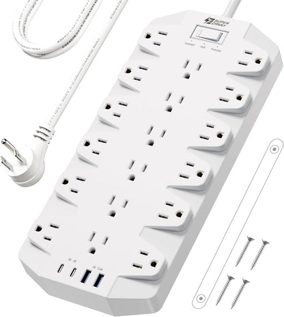 Power Strip Surge Protector, SUPERDANNY 18 Outlets with 2 USB C + 2 USB A Ports, 1875W/15A, 2100J, 6.5FT Flat Plug Heavy Duty Extension Cord with Multiple Outlets for Home, Office, Dorm, White