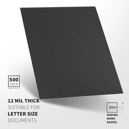 Binditek 500 Pack 12 Mil Sand-Textured Polycover - Midweight for Business Reports and Proposals - Lightly Sanded Finish - with Square Corners, Un-Punched, Black Color, Office Supplies
