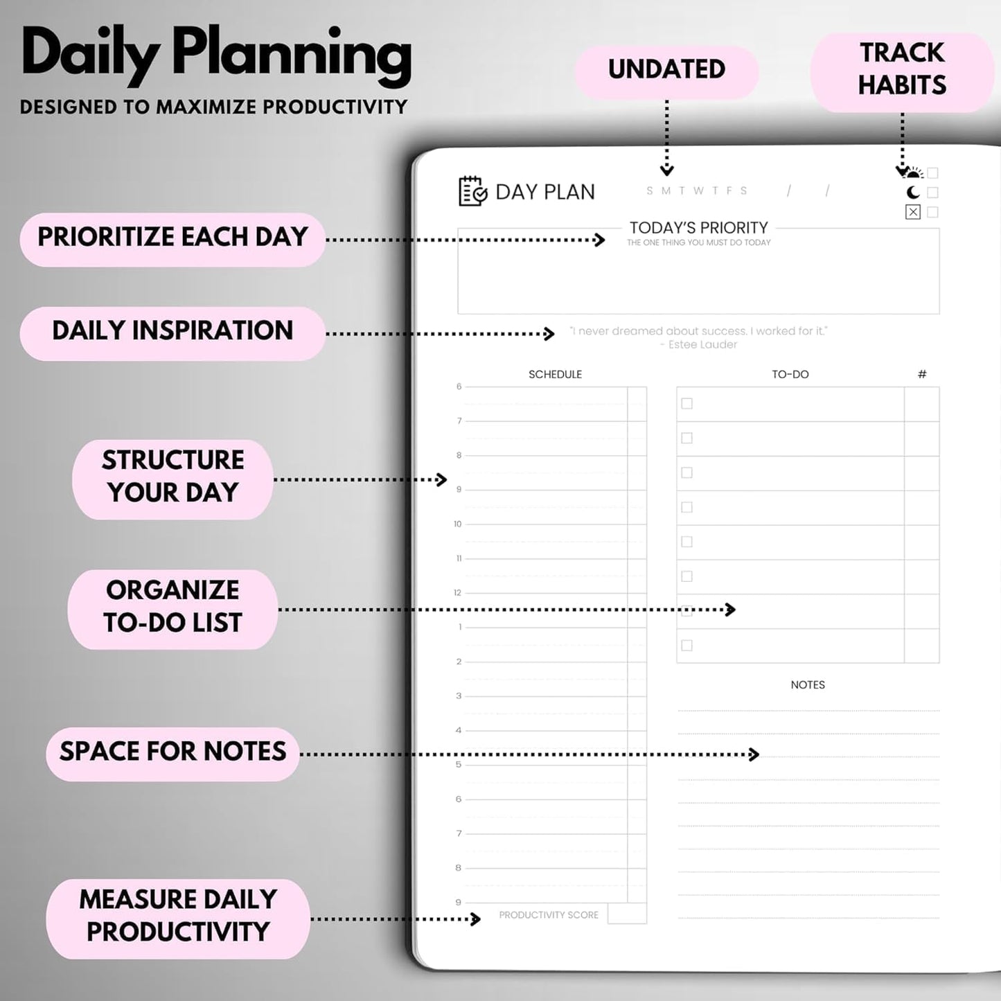 Undated Daily Planner – 3-Month A5 Productivity Organizer with Full Page Per Day, Hourly Schedule, Goal Setting, Habit Tracker, Weekly & Monthly Pages – Hardcover Time Management Notebook (Pink)