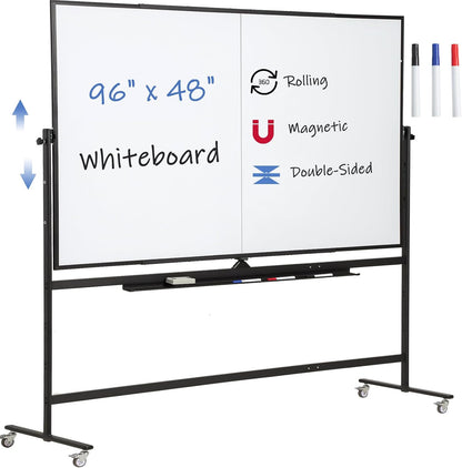 Large Magnetic Mobile Whiteboard 96"x48", Rolling Double Sided Stand Whiteboard on Wheels, Reversible Adjustable Height/Angle Dry Erase Board 8' x 4' Easel White Board for Office Classroom, Black