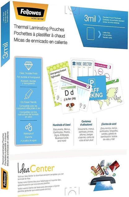 Fellowes Thermal Laminating Pouches/Sheets, Letter Size 9 x 11.5-Inches, 3 mil, 100 Pack (5743301)