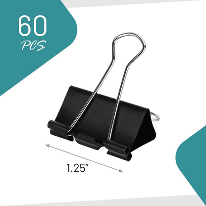 Binder Clips - 60 Medium Binder Clips, 1.25 Inch Black Paper Clamps, File Clip for Home, Office and School Supplies