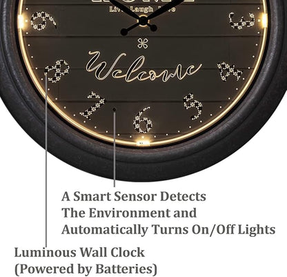 Presentime & Co 18" Vienna Modern Farmhouse Luminous Indoor/Outdoor Clock, Shiplap Style, Galvanized Silver Finish, Night Light with Smart Sensor, Wall Decoration, Outdoor Lights & Decoration.