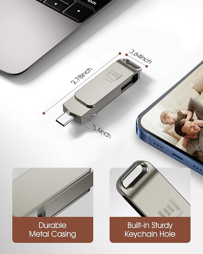 MOSDART 64GB USB3.1 Fast Speed C and A Dual Flash Drive, exFAT Memory Stick with Keychain Loop, for iPhone 15,16,17, Android Phone, iPad, MacBook, Silver