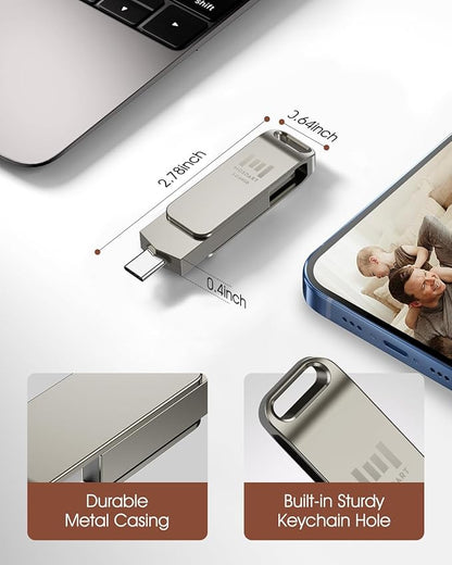 MOSDART 64GB USB3.1 Fast Speed C and A Dual Flash Drive, exFAT Memory Stick with Keychain Loop, for iPhone 15,16,17, Android Phone, iPad, MacBook, Silver