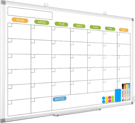 Monthly Calendar Dry Erase Whiteboard for Wall, 36" x 24" Magnetic Dry Erase Board, Hanging Double-Sided White Board, Portable Board for School, Planning, Memo, Home, Office, 2025 Calendar
