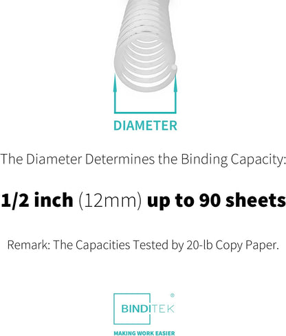 Binditek 50 Pack Plastic Spiral Binding Coils, 12mm(1/2"), 90 Sheet Capacity, 4:1 Pitch, White, 48Loops, for Letter Size, for Students and Coworkers