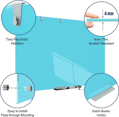 TSJ OFFICE Glass Dry-Erase Board - 36 x 24 Inches Wall Mounted Magnetic Whiteboard, Large Frameless Glass White Board for Office, Home & School, Blue