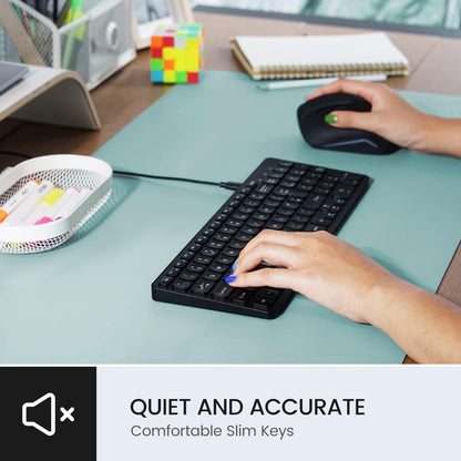 Perixx PERIBOARD-215B US, Wired Keyboard - Ultra Slim Scissor Keys - 2 Built-in USB-A & USB-C Ports - Detachable Cable - Black - US English