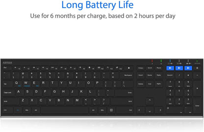 Arteck HB192 Universal Bluetooth Keyboard Multi-Device Stainless Steel Full Size Wireless Keyboard for Windows iOS Android Computer Desktop Laptop Surface Tablet Smartphone Rechargeable Battery