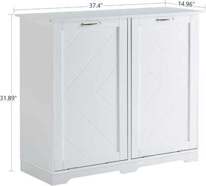 VECELO Double Tilt Out Kitchen Trash Bin Cabinet Dog Proof Garbage Can with Wood Holder Free Standing Recycling, White