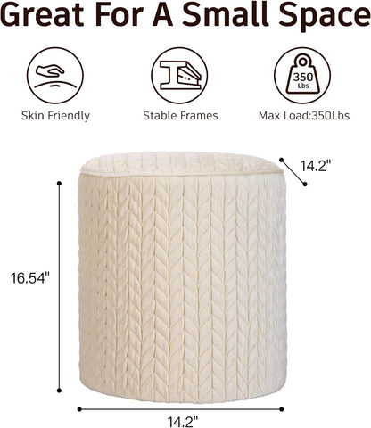 Modern Round Ottoman, Braided-Tufted Foot Stool Ottoman, Velvet Upholstered Vanity Stool for Makeup, Bedroom, Living Room, White