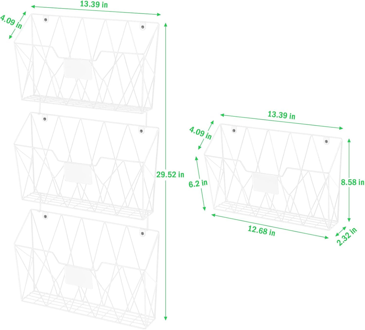 Wall File Holder 6 Pockets Hanging Wall File Organizer, for Papers, Files Clipboard & Magazine Organizer, Wall Mount File Holder Rack for Office Home, White
