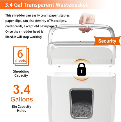 Bonsaii Quiet Cross-Cut Shredder, Ideal for Home Offices, Low-Noise Shredder, 6 Sheets at Once, Perfect for documents, Mail & Staples, 3.4-Gallon Wastebasket, Easy-Carry Handle, White