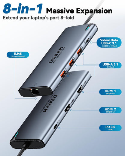 QGeeM USB C Hub,8 in 1 Extender Splitter with Single 8K,Dual 4K@60Hz HDMI,Multiport USB C to Ethernet Adapter for Type C Device,USB A 10Gbps Data,PD100W-M1/M2 only 1 Display