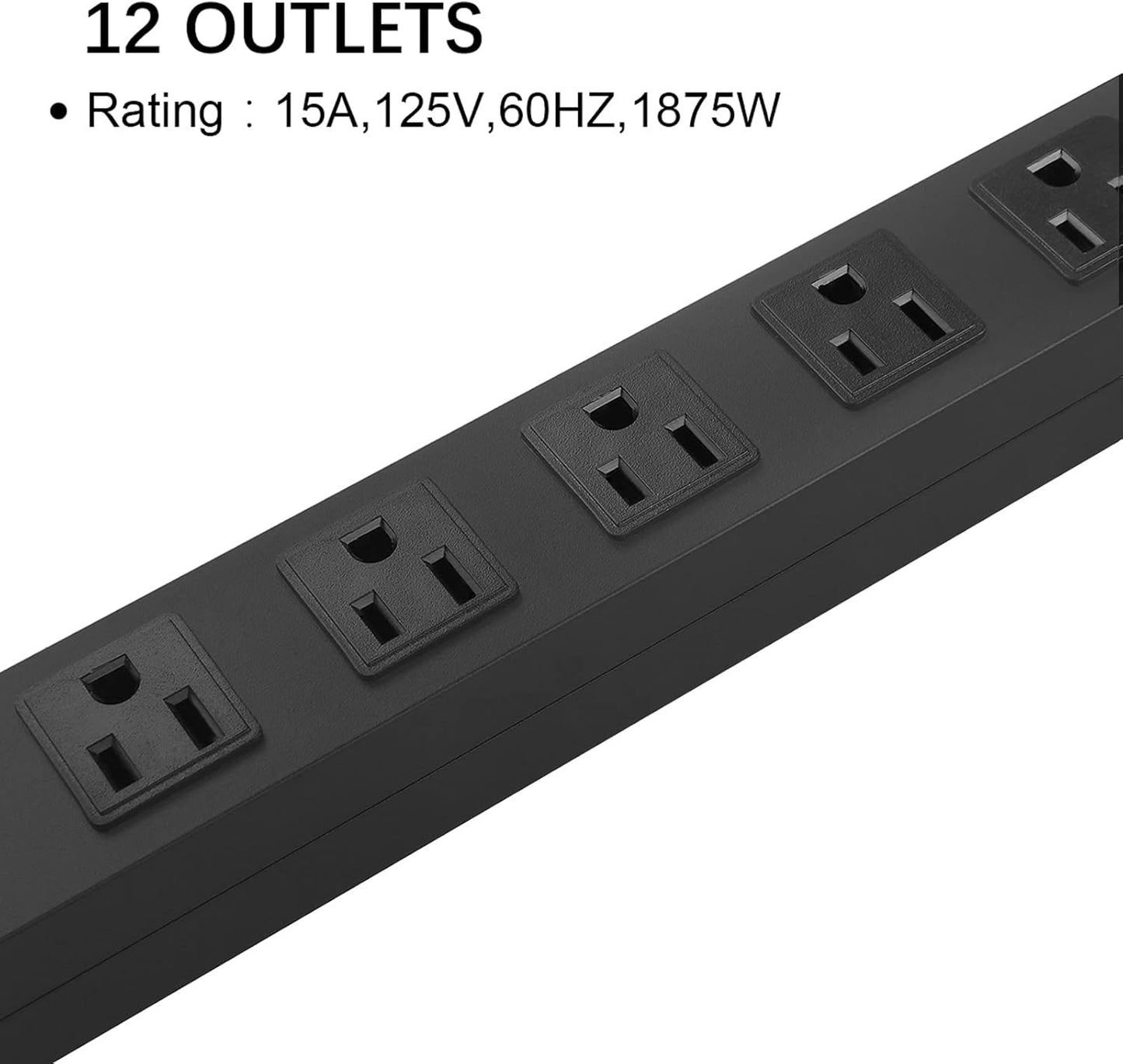 HHSOET Metal Wall Mount Power Strip, Mountable Power Outlet with 12 AC Outlets, Aluminum Alloy Mount Power Socket with Switch, 10 FT SJT 3/C 14AWG Power Cord, 15A 125V 1875W (12AC) Black