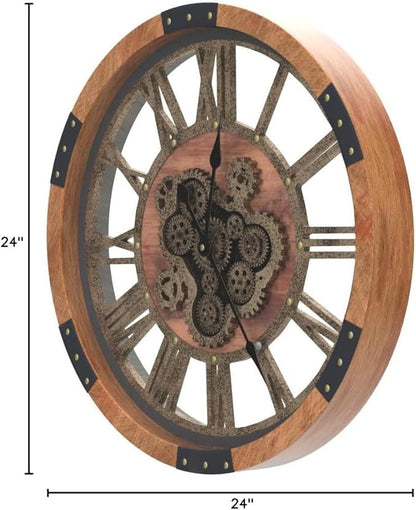 DORBOKER 24" Large Wall Clock with Moving Gears,Oversize Vintage Industrial Rustic Farmhouse Clocks for Living Room Decor Office Home,Solid Wood HD Tempered Glass Cover,Brown