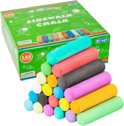 144PCS Washable Sidewalk Chalks Set in 12 Colors Non-Toxic Coloured Chalk Pavement for Kids Jumbo Chalk for Toddler Painting on Blackboard, Playground, Party