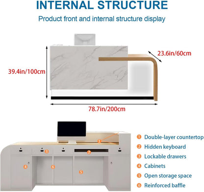 Reception Desk with Counter Modern Front Office Desk Large Reception Room Tables Checkout Counter Reception Table for Retail Lobby Beauty Salons White 79inch/200cm