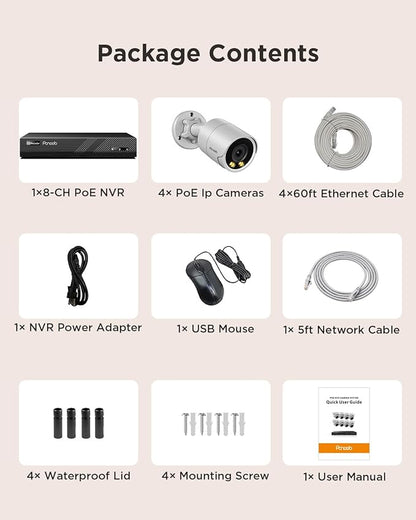 PoE Security Camera System 4K, 4X 8MP Wired Home Bullet IP Cameras Built-in microphone, Human Vehicle Detection, Smart Color Night Vision, 4K 8 Channel NVR 2TB HDD, 24/7 Recording, PB38F0408-8M