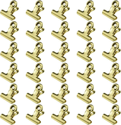HAHIYO 0.87inch Light Gold Bulldog Clips Metal File Hinge Binder Clips Clamps Save Space Strong Spring Jaws Rock Solid Grip Book Lay Flat Deburred Edge for Hang Photos Wall Grid Dog Food 30PCS