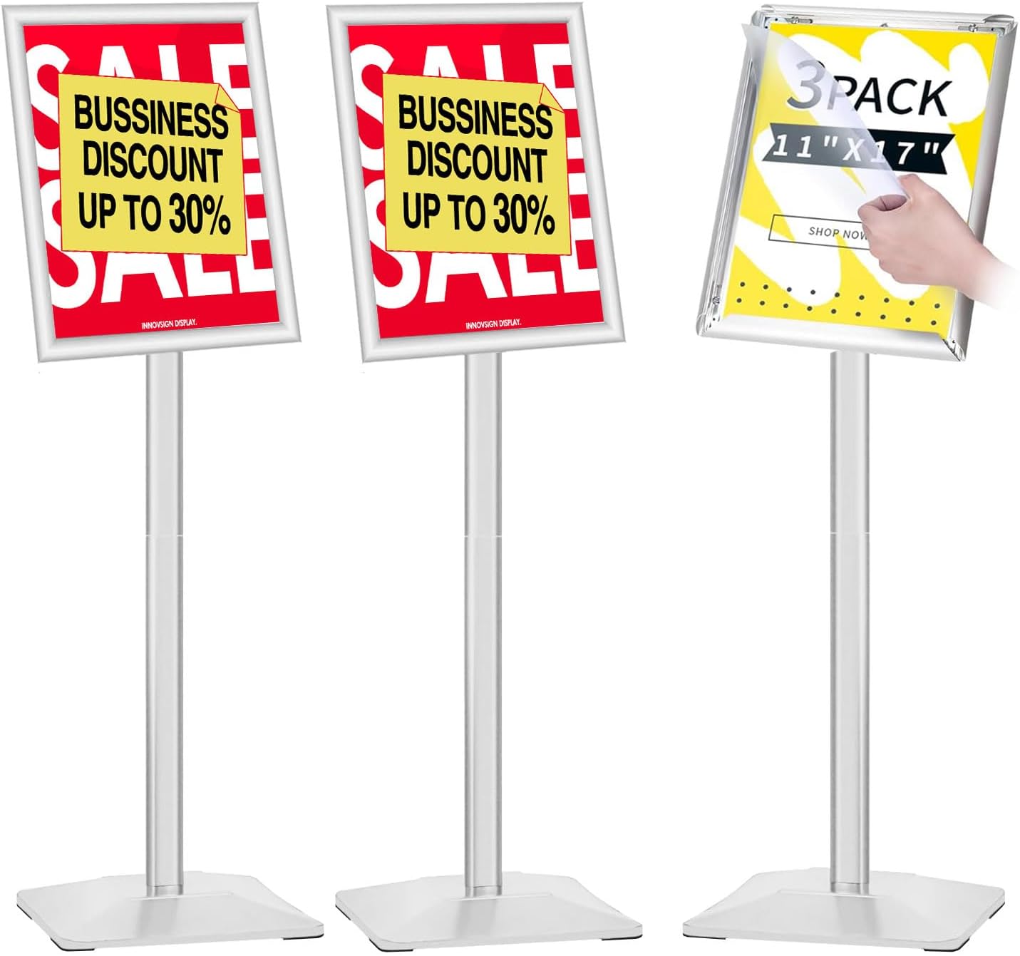 3Packs Heavy Duty Adjustable Pedestal Poster Sign Stand, 11x17 Aluminum Open Floor Standing Sign Holder for Vertical and Horizontal View Display, Silver