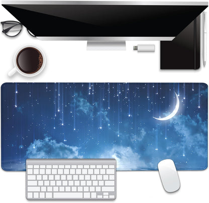 Blue Sky Stars Moon Desk Pad Mouse Pad,Large XL Meteor Showers Mouse Mat with Stitched Edges,Non-Slip Rubber Base Mousepad for Office PC Keyboard Laptop and Home Work Desk Mat(27.5X11.8 in)