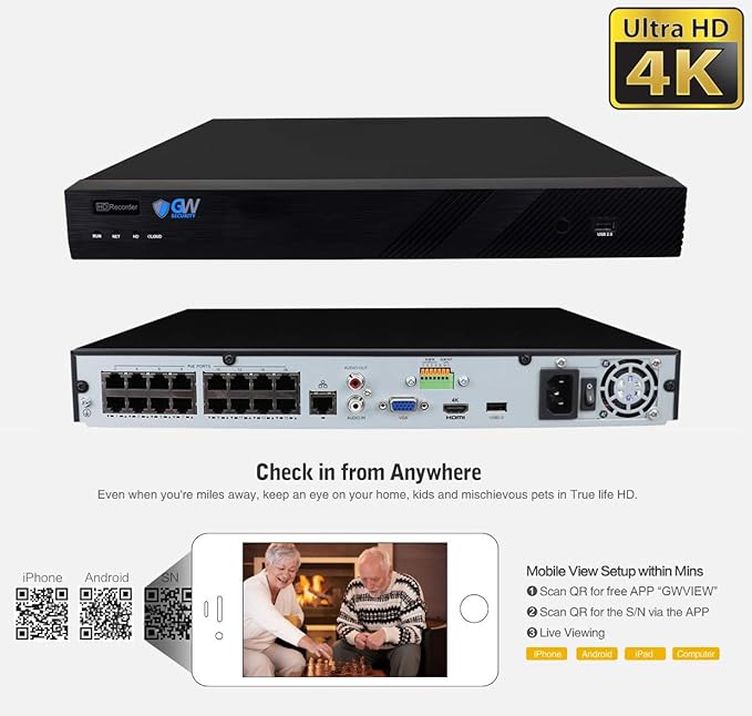 GW Security 16 Channel 4K NVR 8MP AI Human Detection Starlight Color Night Vision Security Camera System with 12 UHD 4K 2160P Microphone PoE Outdoor/Indoor Weatherproof IP Security Bullet Cameras