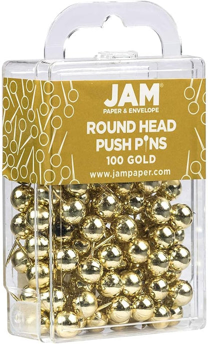 JAM PAPER Colorful Push Pins - Round Head Map Thumb Tacks - Gold Pushpins - 100/Pack