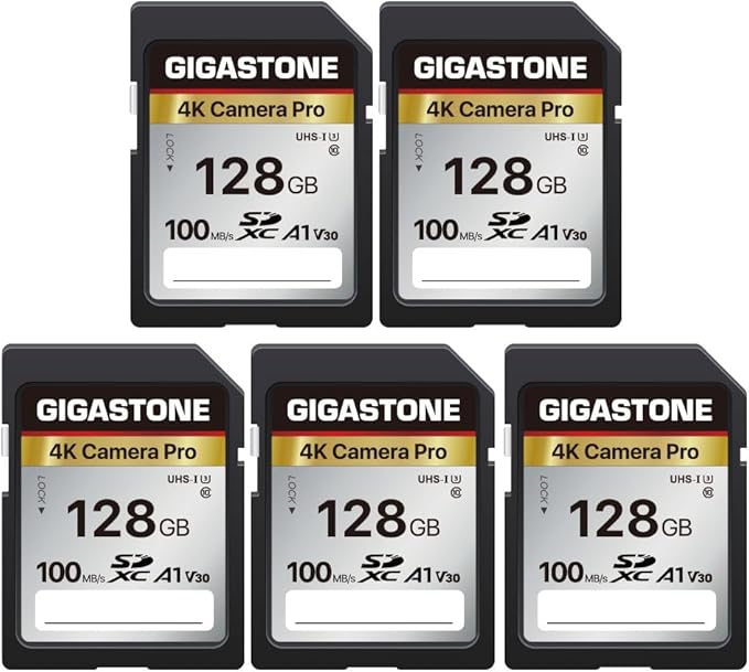 【5-Years Data Recovery】 GIGASTONE 128GB SD Card 5-Pack, 4K Camera Pro, A1 V30 SDXC Memory Card 4K UHD Video Compatible with Canon Digital Camera, with 5 Mini Cases