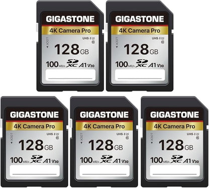 【5-Years Data Recovery】 GIGASTONE 128GB SD Card 5-Pack, 4K Camera Pro, A1 V30 SDXC Memory Card 4K UHD Video Compatible with Canon Digital Camera, with 5 Mini Cases