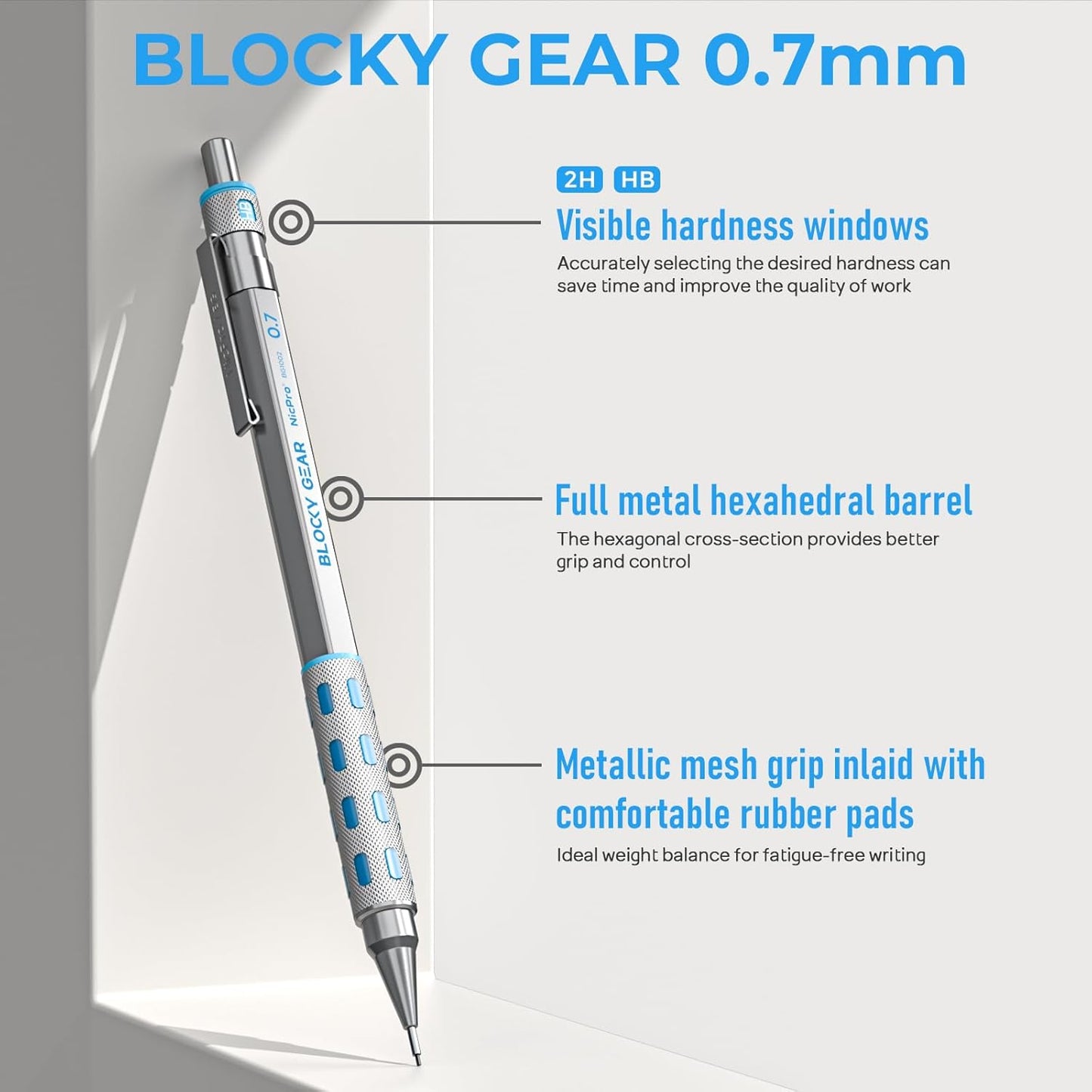 Nicpro 3 Pack Blocky Gear 0.7 mm Metal Mechanical Pencils Set with Case, Lead Drafting Pencil with 8 Tube (480PCS) Lead Refills(HB 2B), 4 Erasers, 18 Eraser Refills for Art Writing, Sketching Drawing