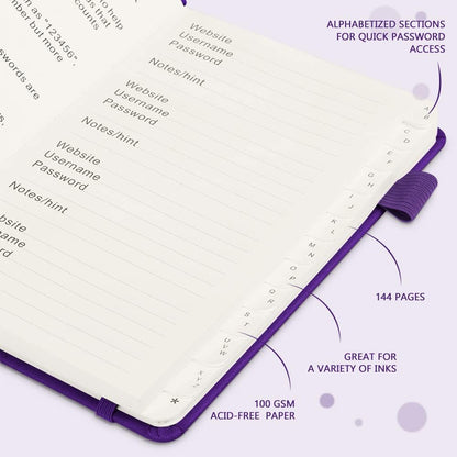 JUBTIC Password Book with Alphabetical Tabs. Medium Size Password Keeper Logbook for Internet Log in, Website Address. Hardcover Password Journal Notebook & Organizer for Home Office, Violet Purple