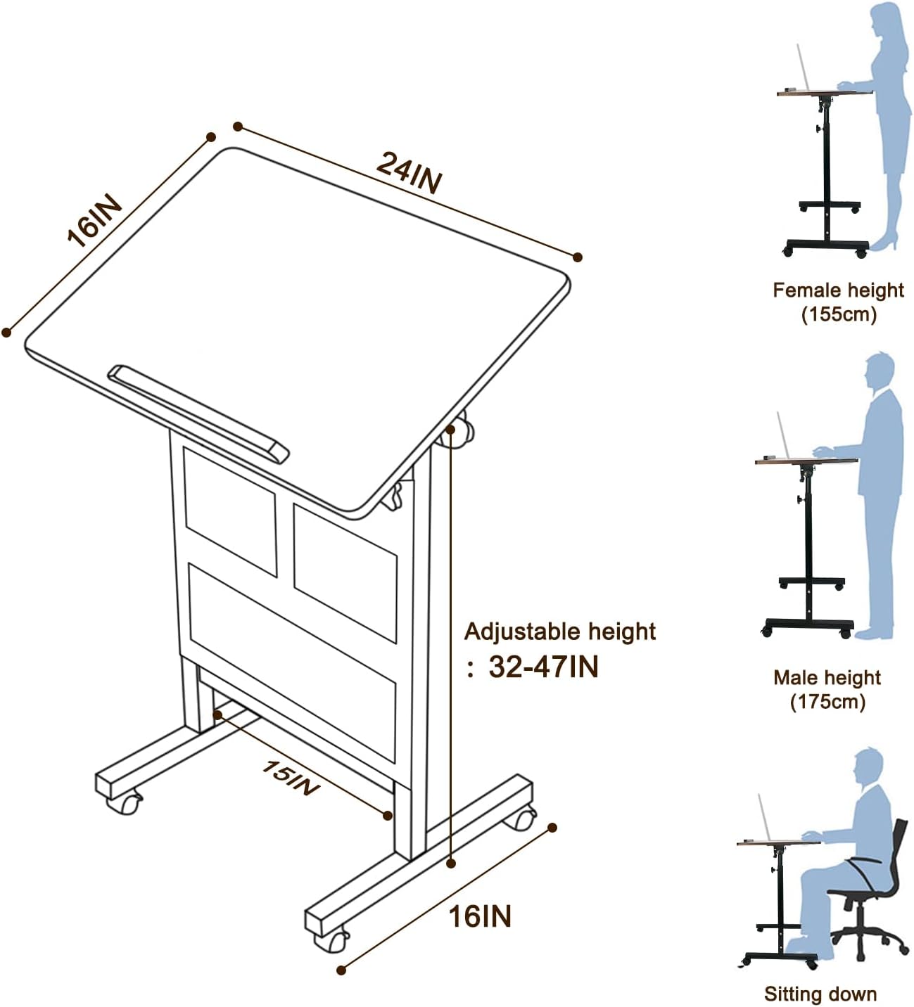 KOUPA Height Adjustable Standing Desk with Storage Bag widths16 in Length 24 in, Portable Rolling Mobile Stand Up Table with Wheels, 360 Degree Flip Laptop Computer Desk for Home Office, Rustic Brown