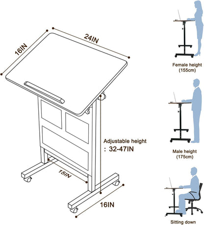 KOUPA Height Adjustable Standing Desk with Storage Bag widths16 in Length 24 in, Portable Rolling Mobile Stand Up Table with Wheels, 360 Degree Flip Laptop Computer Desk for Home Office, Rustic Brown