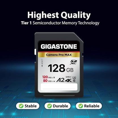 【5-Years Data Recovery】 GIGASTONE 128GB SD Card, 4K Camera Pro MAX, A2 4K SDXC Memory Card High Speed 4K UHD Video Compatible with Canon Kodak Digital Camera, with 1 mini case