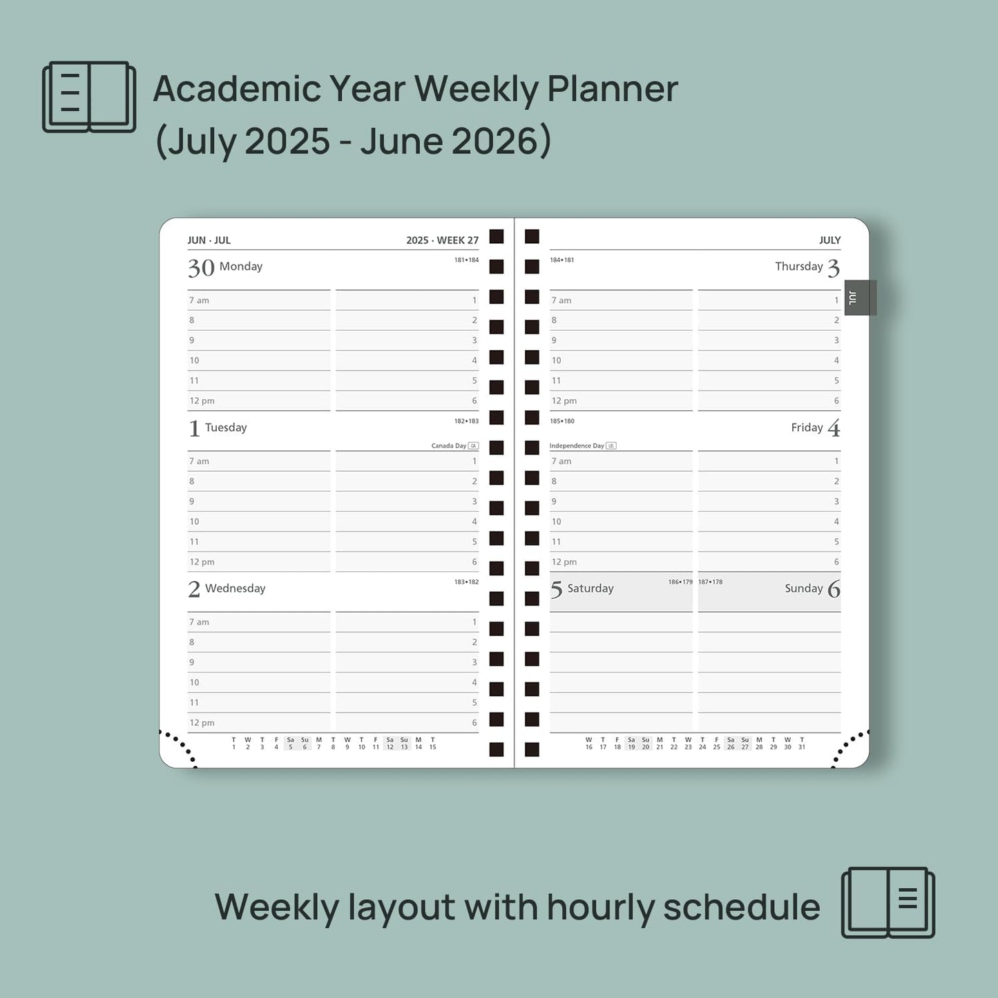 POPRUN Pocket Planner 2025-2026 (Spiral Hardcover - 4''x 6.25''), Daily Weekly and Monthly (July 2025 - June 2026) with Hourly Time Slots, for Purse, 100 GSM - Midnight Green