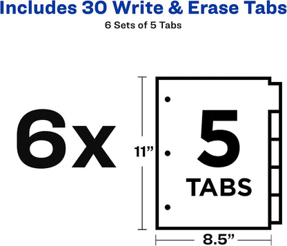 Avery Big Tab Write & Erase Dividers for 3 Ring Binders, 5-Tab Sets, 6 Binder Divider Sets (33075)