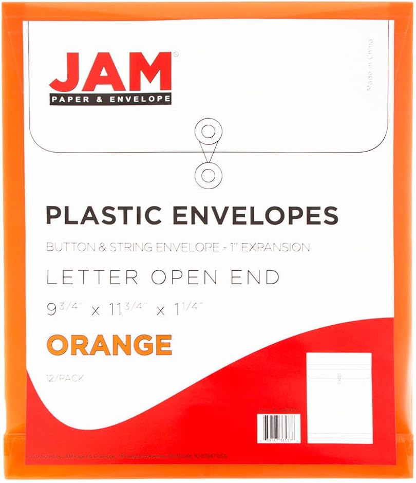 JAM PAPER Plastic Envelopes with Button & String Tie Closure - Letter Open End - 9 3/4 x 11 3/4 - Bright Orange - 12/Pack