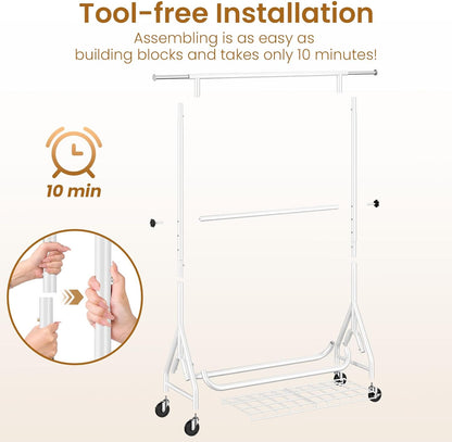 Double Rods Clothing Rack, Heavy Duty Clothes Rack for Hanging Clothes Load 560LBS, Metal Rolling Garment Racks with Wheels, Freestanding Clothes Hanging Racks, White
