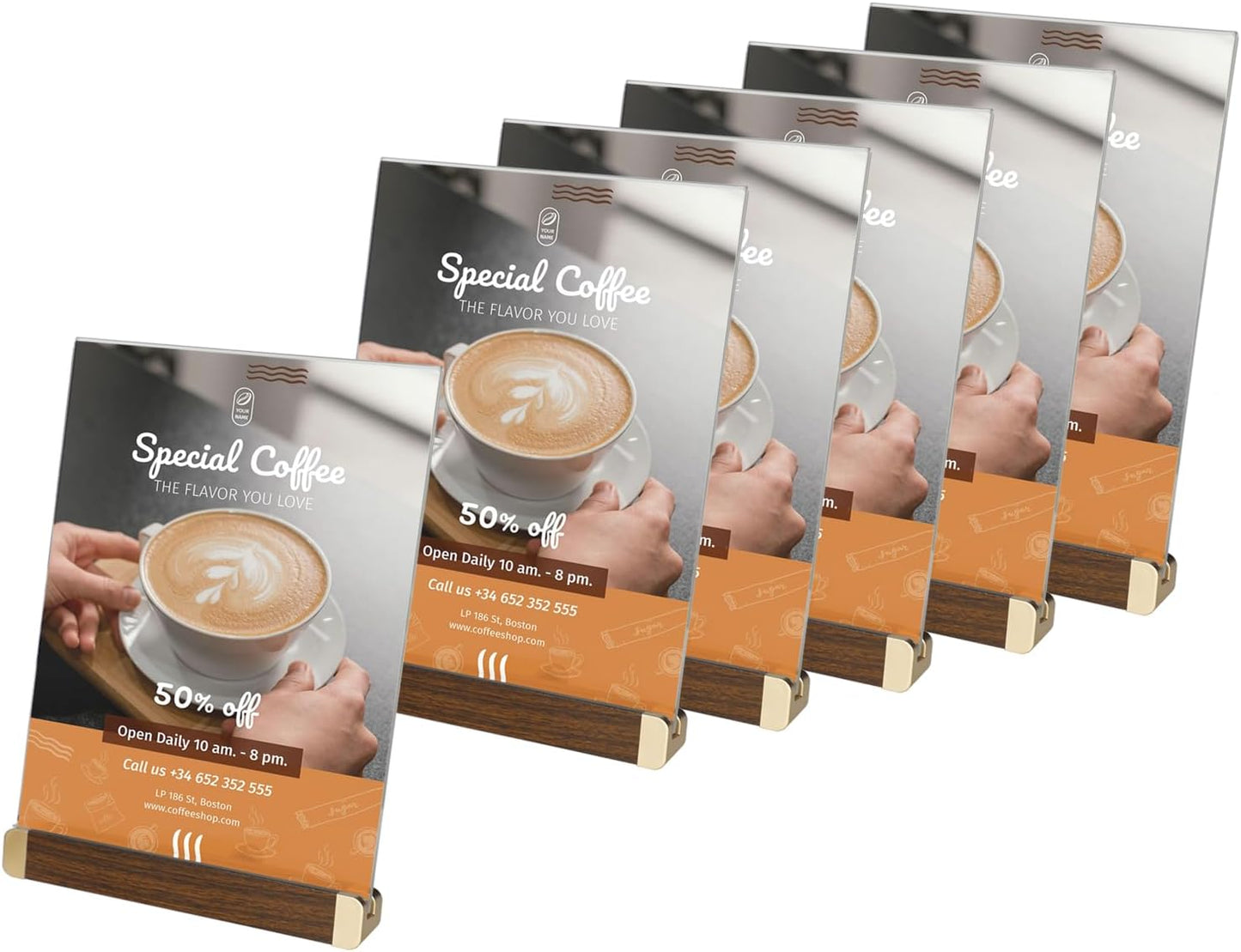 8.5 x 11 Acrylic Sign Holder, Classic Wooden Gold Stand, Double Sided Display Table Top Paper Holder, for Office, Cafe, Store, Menu, Certificate, Document (Vertical, 6pack)