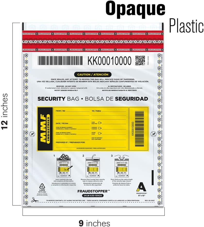 MMF Industries Cash Transmittal Bags | 9W x 12H | Pack of 100 | Unique Alphanumeric Numbering | Self-Sealing Adhesive | Four Tamper Indicators | Folded Bottom | Deposit Plastic Bags