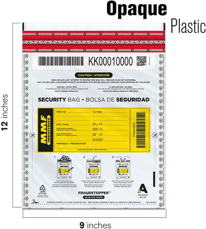 MMF Industries Cash Transmittal Bags | 9W x 12H | Pack of 100 | Unique Alphanumeric Numbering | Self-Sealing Adhesive | Four Tamper Indicators | Folded Bottom | Deposit Plastic Bags